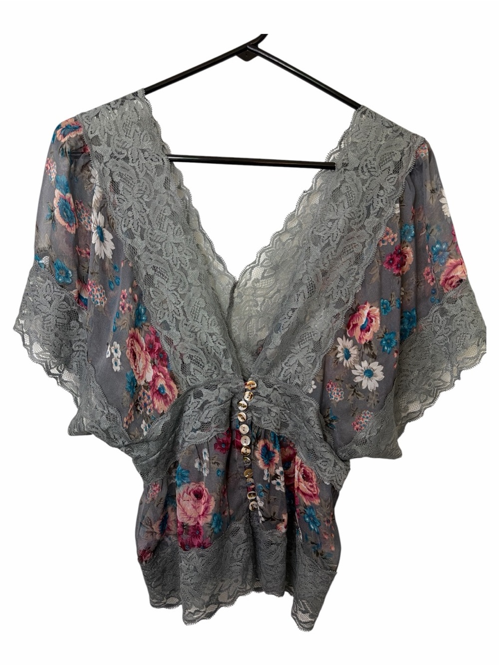 Bloom Floral Lace-Trim Grey Women's Top